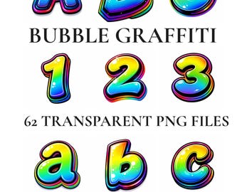 Imágenes prediseñadas del alfabeto de graffiti de burbujas arcoíris, letras PNG brillantes y llamativas de la A a la Z en mayúsculas y minúsculas, imágenes PNG coloridas para fiestas con Cricut