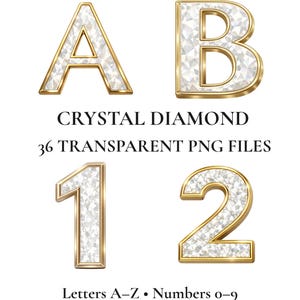 May include: Digital graphic of the letters A and B, and the numbers 1 and 2, each with a crystal diamond fill and gold trim. Text reads "CRYSTAL DIAMOND" and "36 TRANSPARENT PNG FILES". Additional text includes "Letters A-Z • Numbers 0-9" and "300 DPI • Commercial Use".