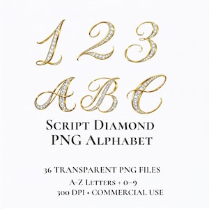 May include: A digital graphic set featuring the numbers 1, 2, 3 and letters A, B, C in a gold script font encrusted with small diamonds. The text reads: SCRIPT DIAMOND PNG ALPHABET, 36 TRANSPARENT PNG FILES, A-Z LETTERS + 0-9, 300 DPI • COMMERCIAL USE.