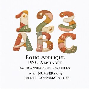 May include: A set of patchwork applique letters and numbers in a boho style. The image shows the numbers 1, 2, and 3, and the letters A, B, and C. Each character is made from different fabrics in shades of orange, green, and cream, with sun and leaf motifs. Text reads "BOHO APPLIQUE PNG ALPHABET".