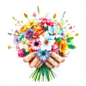 Main tenant le bouquet PNG, bouquet à la main, art floral bohème à la main, cadeau de fleurs, bouquets de fleurs pour sublimation, faire-part et cadeaux