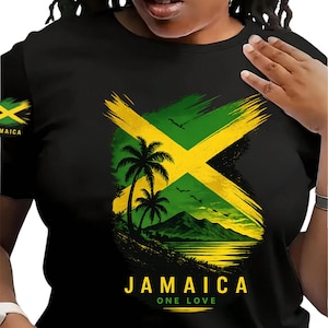 Maglietta Comfort Colors Jamaica Flag Beach Scene, Tropical Sunset Palm Tree Tee Caribbean Island Vibes Shirt Patois Apparel Vacation Unisex