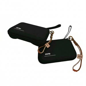 May include: Two black zippered cases, one rectangular with a handle, the other smaller with a wrist strap. Both feature the text "AYN" and a white line. Each has a leather-like tag with "AYN" on the strap.