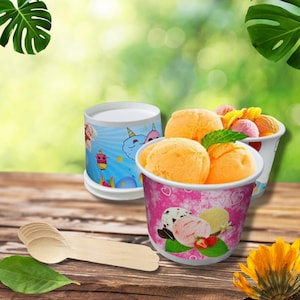 10 Premium Paper Cups 4oz/8oz , Ice Cream Decoration, Free Wooden Spoon, Ice Cream Party, Disposable Paper Cups, Paper Cup &  Bowls,