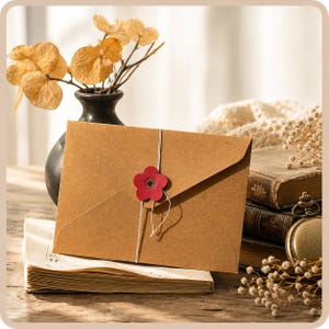 May include: A rectangular brown kraft paper envelope secured with a thin white string and a red flower-shaped paper seal. The envelope is positioned in front of a dark vase containing dried golden leaves and rests atop a stack of old books.