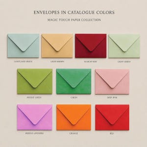 May include: A collection of eleven rectangular envelopes arranged in three rows, labeled ENVELOPES IN CATALOGUE COLORS and MAGIC TOUCH PAPER COLLECTION. The colors include light jade green, light brown, scarlet red, light green, middle green, green, deep pink, middle lavender, orange, and red.