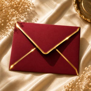 Puede incluir: Un sobre de terciopelo rojo intenso con una solapa puntiaguda y un borde dorado metálico en los lados. El sobre tiene una textura mate y suave, con una forma rectangular estructurada y líneas nítidas que definen el cierre y las esquinas.