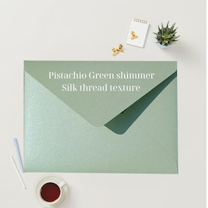 Pistachio Green Metallic Envelopes C6, C5, A5, A7 Luxury Shimmer Wedding Envelopes, Free Foil Sticker, Elegant Save the Date RSVP Envelopes