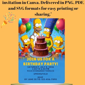 Simpsons Birthday Invitation Template, Printable Cartoon Party Invite, Funny Simpsons Theme, Editable Digital Custom Card