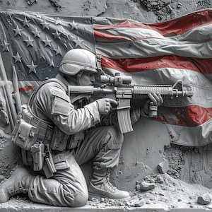 American Soldier STL Obj Png Veteran Tribute 3D Relief Model for CNC Carving 3D Printing Laser Engraving Patriotic Wall Art Flag Panel