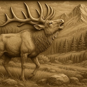 Bull Elk Bugling Relief STL Obj Png Files for CNC Wood Carving Laser Engraving 3D Printing Wildlife Mountain Scene Art Rustic Decor