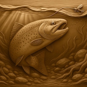 Trout Fly Fishing Relief STL Obj Png Files for CNC Wood Carving Laser Engraving or 3D Print Rustic Wildlife River Scene Digital Art Model