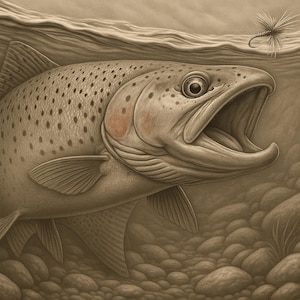 Trout Fly Fishing Relief STL Obj Png Files for CNC Wood Carving Laser Engraving or 3D Print Rustic Wildlife River Scene Digital Art Model