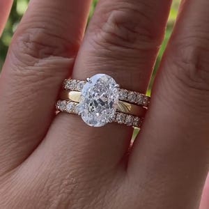 3 CT Oval Cut Lab Grown Diamond Solitaire Engagement Ring Set With Round Cut Wedding Band Set, Gold Wedding Ring Set, Women Bridal Ring Set
