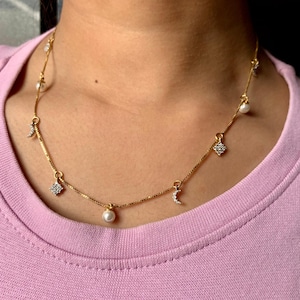 Yellow Gold Necklace With Unique Charm Pearl, Moon, Round Diamond Square