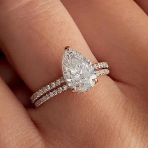 1 CT Pear Lab Grown Diamond Ring Set, Gold Wedding Ring Set, Pear Cut Engagement Ring with Eternity Band, Yellow Gold Bridal Set for Her