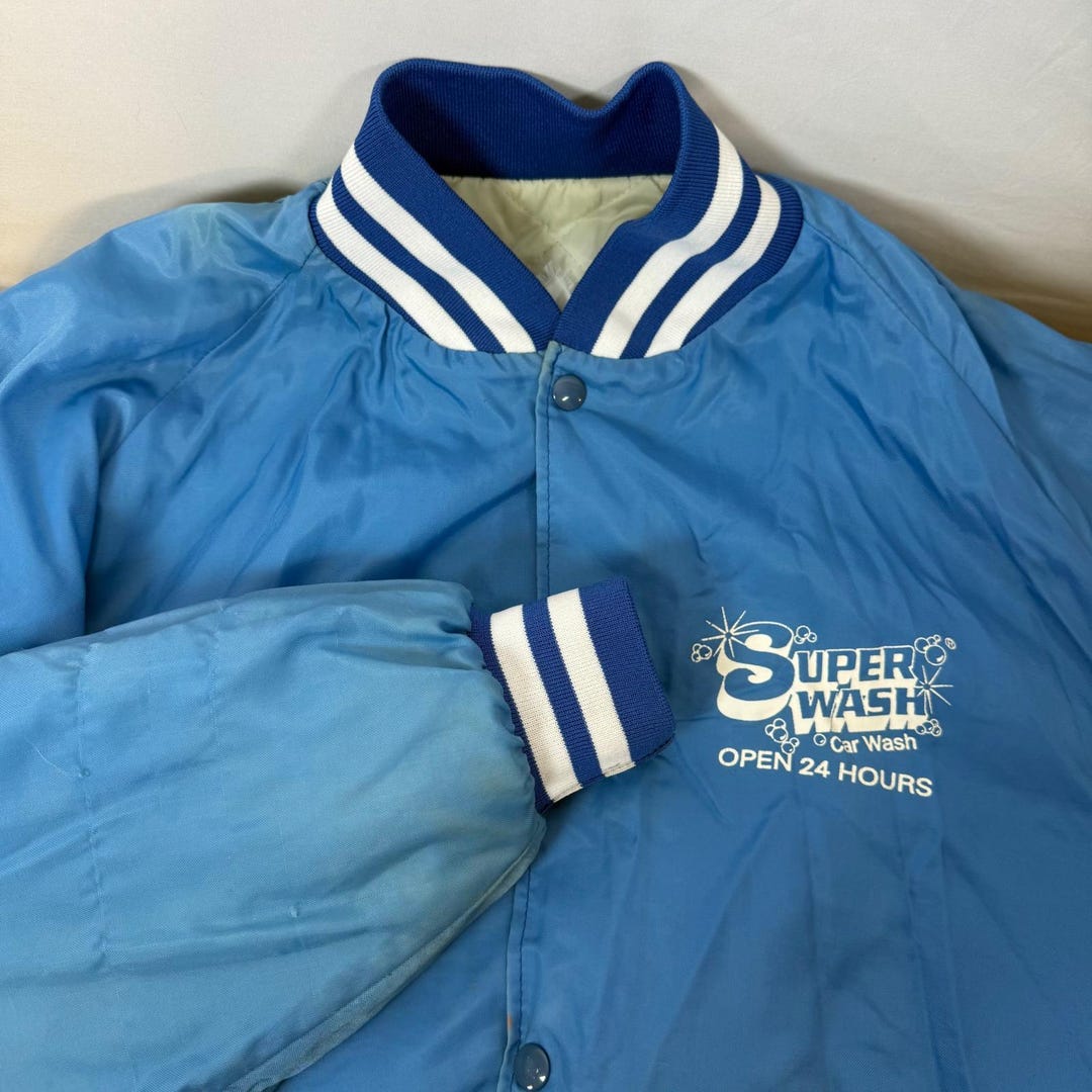 ASW Jackets Super Wash Car Wash Bomber Jacket Blue Quilted Lined Snap ...