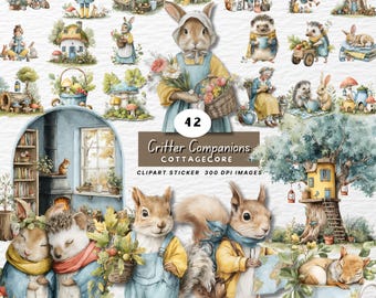 Cottagecore Clipart PNG Bundle: Girl & Critter Stickers for Journaling
