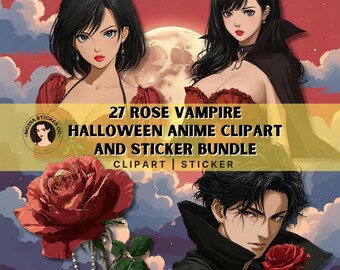 Gothic Vampire Rose Girl Clipart & Sticker Bundle - Dark Anime PNG Pack