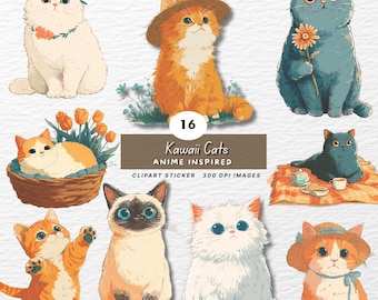 May include: A collection of 16 anime-inspired Kawaii cat clipart stickers. The cats are depicted in various poses and colors, including orange, white, and blue. Some cats wear hats or are surrounded by flowers. The image includes the text "Kawaii Cats" and "Anime Inspired".