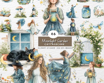 May include: A collection of 46 Moonlight Garden Cottagecore clipart stickers. The images feature watercolor illustrations of women, animals, moons, flowers, and other whimsical elements in shades of blue, yellow, and green. The text "Moonlight Garden Cottagecore" is displayed.