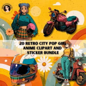 Retro Anime Girl Clipart & Stickers: 80er Jahre City Pop PNG Bundle