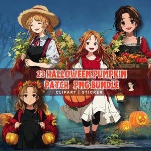 Könnte beinhalten: Digitales Kunstwerk mit vier Anime-Charakteren in einer Halloween-Kürbisfeld-Szene. Der Text "23 Halloween Pumpkin Patch PNG Bundle" und "Clipart | Sticker" ist enthalten. Kürbisse und Herbstlaub umgeben die Charaktere.