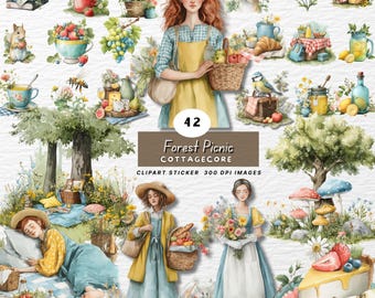 Paquete de imágenes prediseñadas y pegatinas de picnic en el bosque con temática cottagecore: 42 archivos PNG