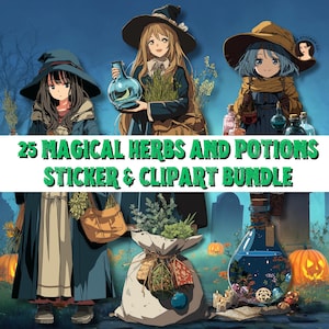 May include: Digital art featuring three anime-style witches with hats, holding herbs and potions. The image includes the text "25 Magical Herbs and Potions Sticker & Clipart Bundle" in green. Pumpkins and candles are in the background.