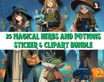Mystiska örter och trolldrycker Clipart-paket – 25 magiska klistermärken PNG-set