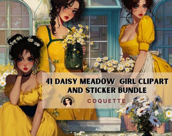 May include: Digital art featuring three women in yellow dresses with daisies. The image includes the text "41 DAISY MEADOW GIRL CLIPART AND STICKER BUNDLE" and the word "COQUETTE". The women are in a garden setting with a blue door and window.