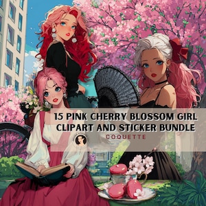 Coquette Cherry Blossom Girl Graphics Bundle - 15 Clipart and Stickers