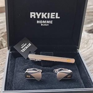 Sterling Silver Rykiel Homme Cufflinks & Tie Clip Set | Vintage Men&#39;s Jewelry | Elegant Black and Silver Accessories | Pre-Owned Gift