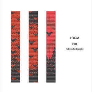 Könnte beinhalten: Drei vertikale rechteckige Muster in Rot und Schwarz mit Fledermaus-Silhouetten, wahrscheinlich für ein Armband. Der Text "LOOM PDF Pattern for Bracelet" ist enthalten. Halloween-Thema.