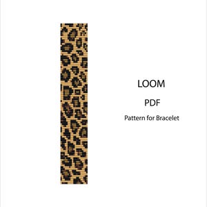 Può includere: Motivo rettangolare con stampa leopardata nei toni del marrone e del nero. Il testo "LOOM PDF Pattern for Bracelet" è visualizzato su sfondo bianco. Modello per braccialetto.
