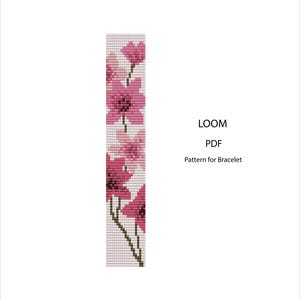 May include: A digital PDF pattern for a bracelet featuring a floral design. The pattern showcases pink flowers with varying shades, set against a light background. The text "LOOM PDF Pattern for Bracelet" is also visible.
