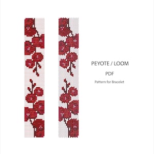 May include: Two vertical beaded bracelet patterns with a floral design in shades of red on a white background. The text "PEYOTE / LOOM PDF Pattern for Bracelet" is displayed on the right side.