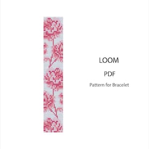 May include: A digital PDF pattern for a bracelet, featuring a floral design in shades of pink and white. The pattern is created using a loom technique. The text on the image reads "LOOM PDF Pattern for Bracelet."