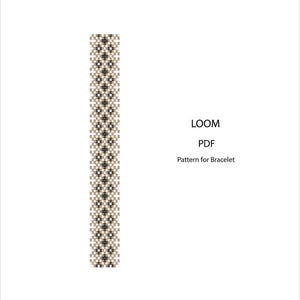May include: A loom pattern for a bracelet, with a repeating geometric design in black, white, and tan. The text "LOOM PDF Pattern for Bracelet" is displayed on a white background.