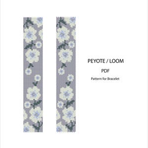 May include: Two vertical beaded bracelet patterns with a floral design. The flowers are white and light blue on a lavender background. The text "PEYOTE / LOOM PDF Pattern for Bracelet" is also visible.