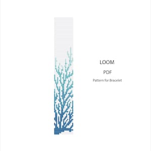 May include: A digital PDF pattern for a bracelet design. The design features a vertical pattern of blue and teal branches against a white background. The text "LOOM PDF Pattern for Bracelet" is displayed.