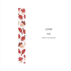 Puede incluir: Un patrón PDF digital para un diseño de pulsera. El patrón presenta un diseño repetitivo de setas y hojas pixeladas rojas y marrones sobre un fondo blanco. También se incluye el texto "LOOM PDF Pattern for Bracelet".