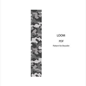 Pode incluir: Um padrão retangular vertical em tons de cinza e branco, semelhante a um design de camuflagem. O texto "LOOM PDF Pattern for Bracelet" é exibido em um fundo branco.