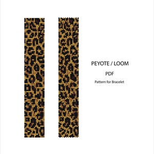 May include: A digital PDF pattern for a peyote or loom bracelet featuring a repeating leopard print design in shades of black, brown, and tan. The text PEYOTE / LOOM PDF Pattern for Bracelet is displayed clearly to the right of the two vertical strips.