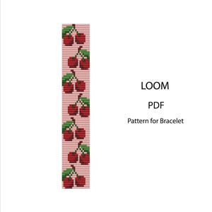 May include: A digital PDF pattern for a loom bracelet. The design features a repeating pattern of red cherries with green leaves on a pink background. The text "LOOM PDF Pattern for Bracelet" is also visible.