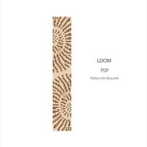 Könnte beinhalten: Ein PDF-Muster für ein Armband-Design. Das Muster zeigt ein sich wiederholendes geometrisches Design in Braun- und Beigetönen. Der Text "LOOM PDF Pattern for Bracelet" wird auf weißem Hintergrund angezeigt.