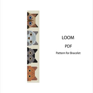 May include: A loom pattern for a bracelet featuring four cat faces in shades of brown, gray, and black. The text "LOOM PDF Pattern for Bracelet" is displayed on a white background.