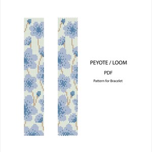 May include: Two vertical rectangular patterns with a floral design in shades of blue and beige. The text "PEYOTE / LOOM PDF Pattern for Bracelet" is displayed on a white background.