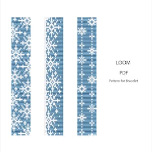 May include: Three vertical blue and white patterns with snowflake designs. The patterns are for a bracelet, as indicated by the text "Pattern for Bracelet". The word "LOOM" and "PDF" are also visible.