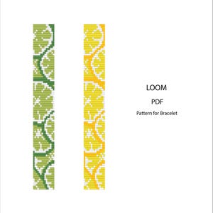 Op de afbeelding: Twee verticale patronen, één limoengroen en één geel, elk met een herhalend ontwerp van schijfjes citrusvruchten. De tekst "LOOM PDF Pattern for Bracelet" wordt weergegeven op een witte achtergrond.